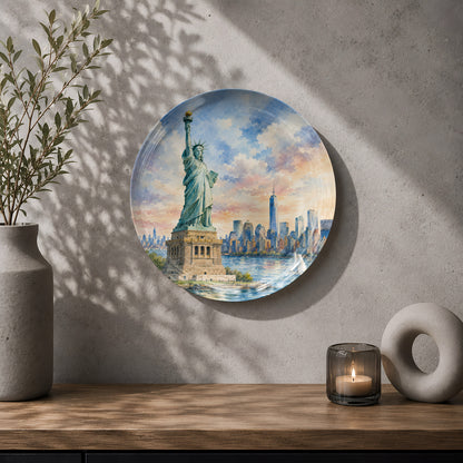 Decorative ceramic wall plate featuring the Statue of Liberty and One World Trade Center.