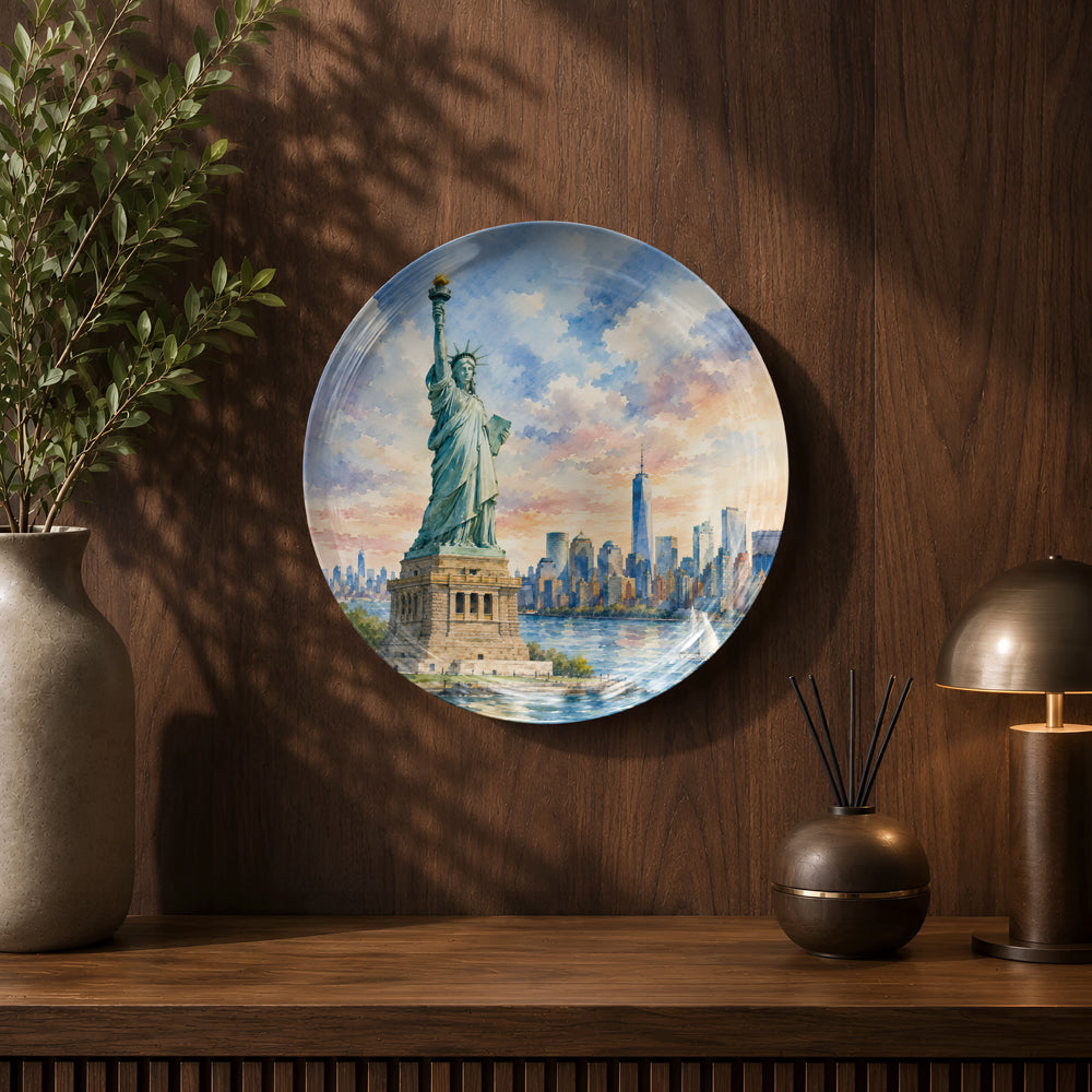Global Classics Liberty Dawn ceramic wall plate celebrating New York City's iconic landmark.