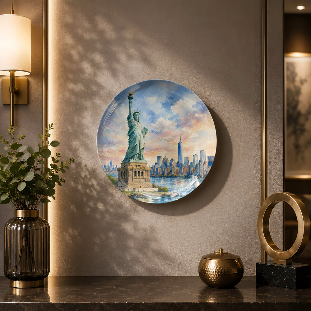 Glossy ceramic wall plate with painterly artwork of the Statue of Liberty overlooking New York Harbor.