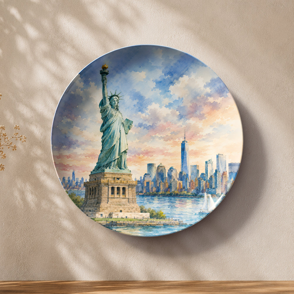 Liberty Dawn ceramic wall plate featuring the Statue of Liberty with the New York City skyline.