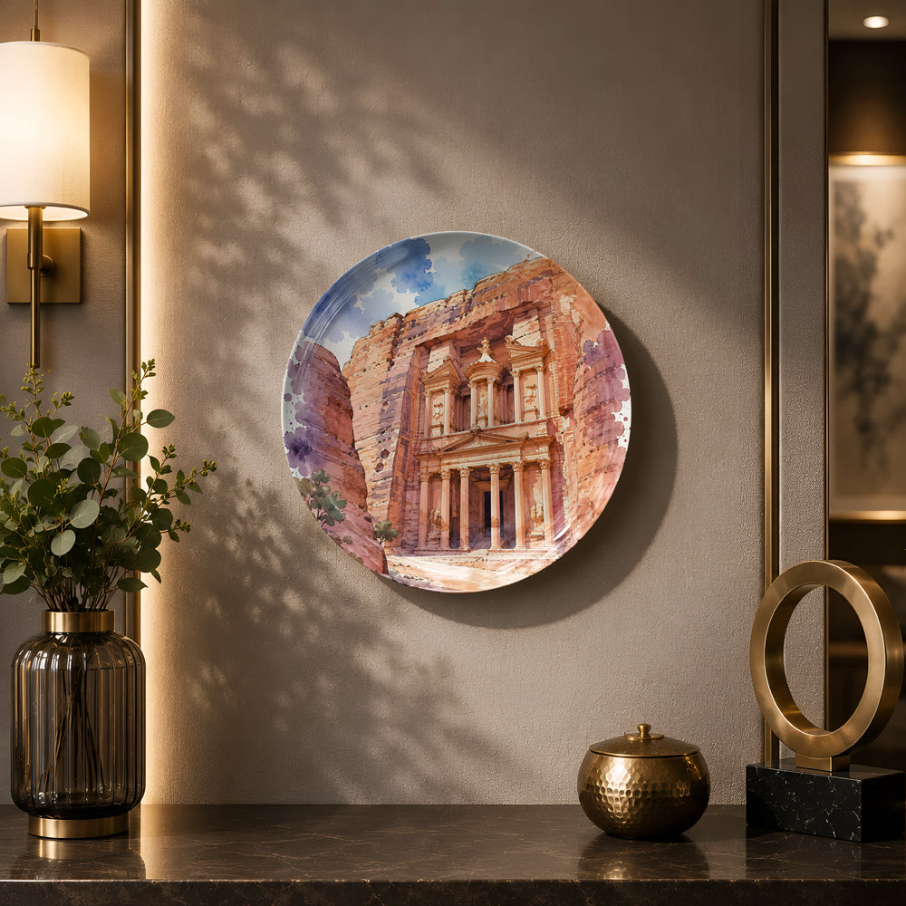 Glossy ceramic wall plate featuring the magnificent Treasury of Petra in Jordan.