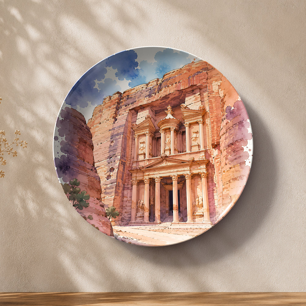 Rose Treasury ceramic wall plate featuring the iconic Treasury of Petra carved into rose-red sandstone.