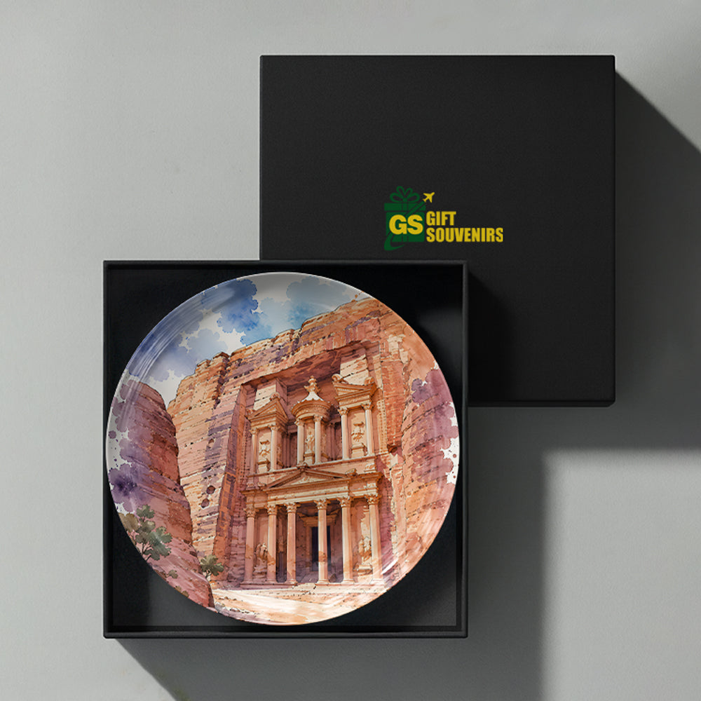 Rose Treasury ceramic wall plate inspired by the timeless beauty of Petra's iconic Treasury.