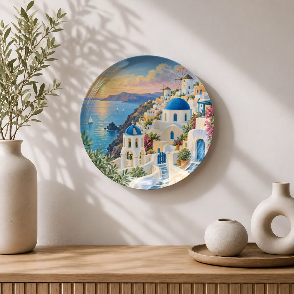 Santorini Greece ceramic wall plate souvenir with iconic blue domes and coastal landscape