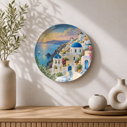 Santorini Greece ceramic wall plate souvenir with iconic blue domes and coastal landscape