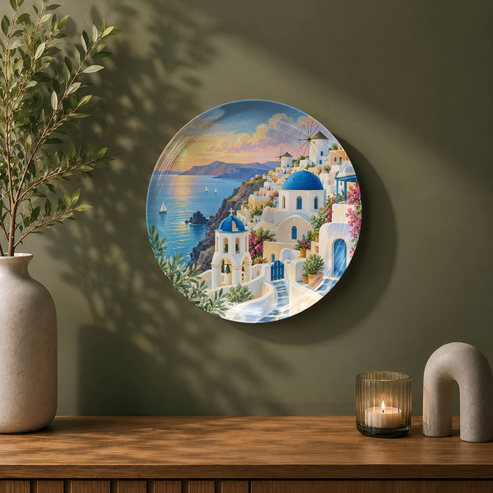 Greek travel ceramic wall plate featuring Santorini architecture, windmills and colourful flowers