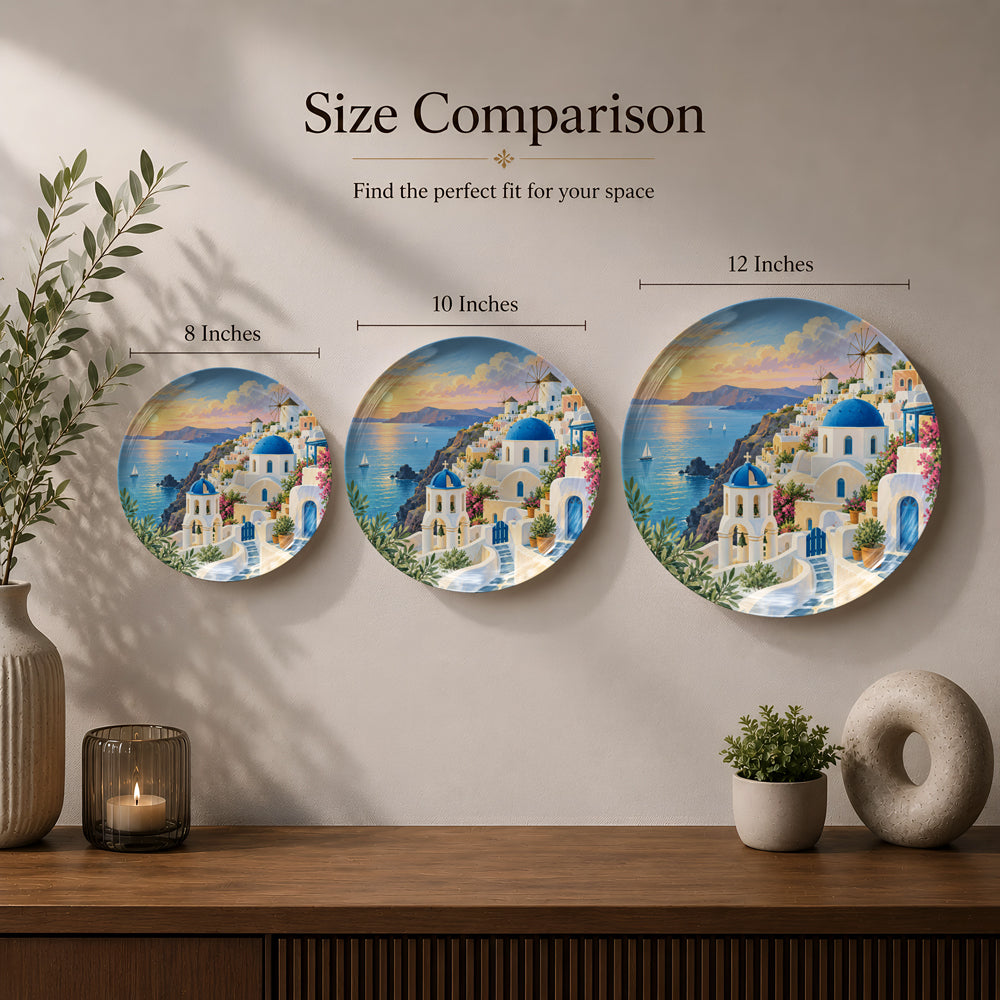 Premium Santorini ceramic wall plate celebrating Greek architecture, blue domes and Aegean beauty