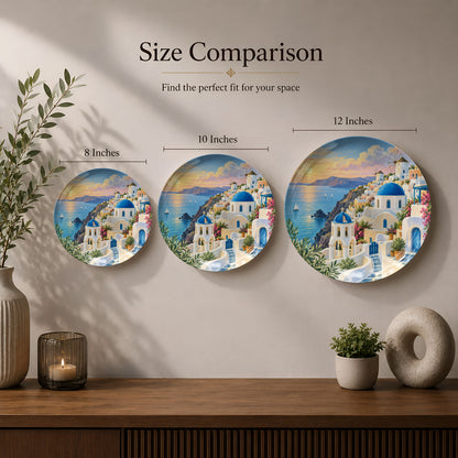 Premium Santorini ceramic wall plate celebrating Greek architecture, blue domes and Aegean beauty
