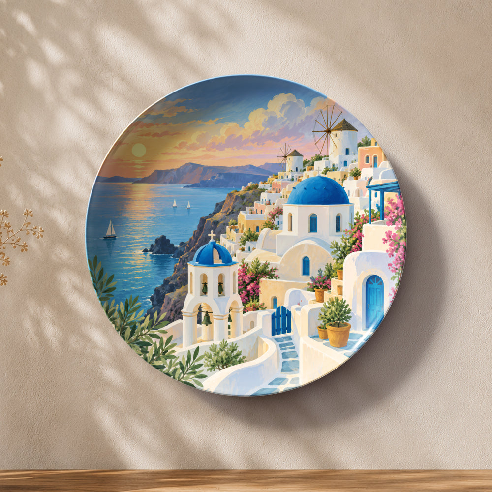 Santorini Serenity ceramic wall plate featuring blue domes, white buildings and Aegean Sea