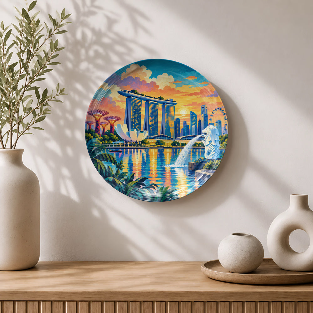 Singapore ceramic wall plate souvenir featuring Merlion, Marina Bay and colourful sunset reflections