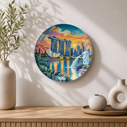 Singapore ceramic wall plate souvenir featuring Merlion, Marina Bay and colourful sunset reflections