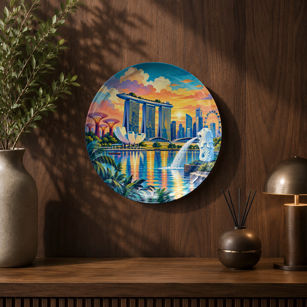 Singapore ceramic wall plate souvenir with premium gift box and colourful Marina Bay artwork