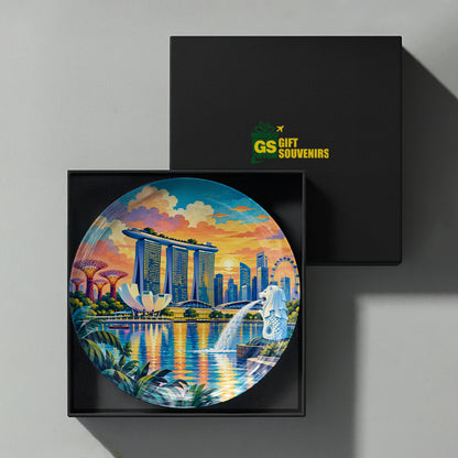 Marina Bay ceramic wall plate featuring Merlion, Supertree Grove, Singapore Flyer and vibrant water reflections
