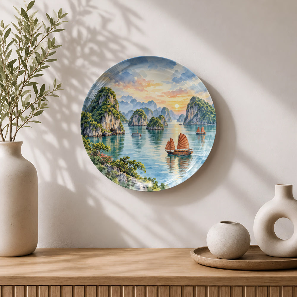 Vietnam Halong Bay ceramic wall plate souvenir with scenic mountains, calm waters and glowing sky