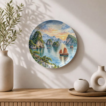 Vietnam Halong Bay ceramic wall plate souvenir with scenic mountains, calm waters and glowing sky