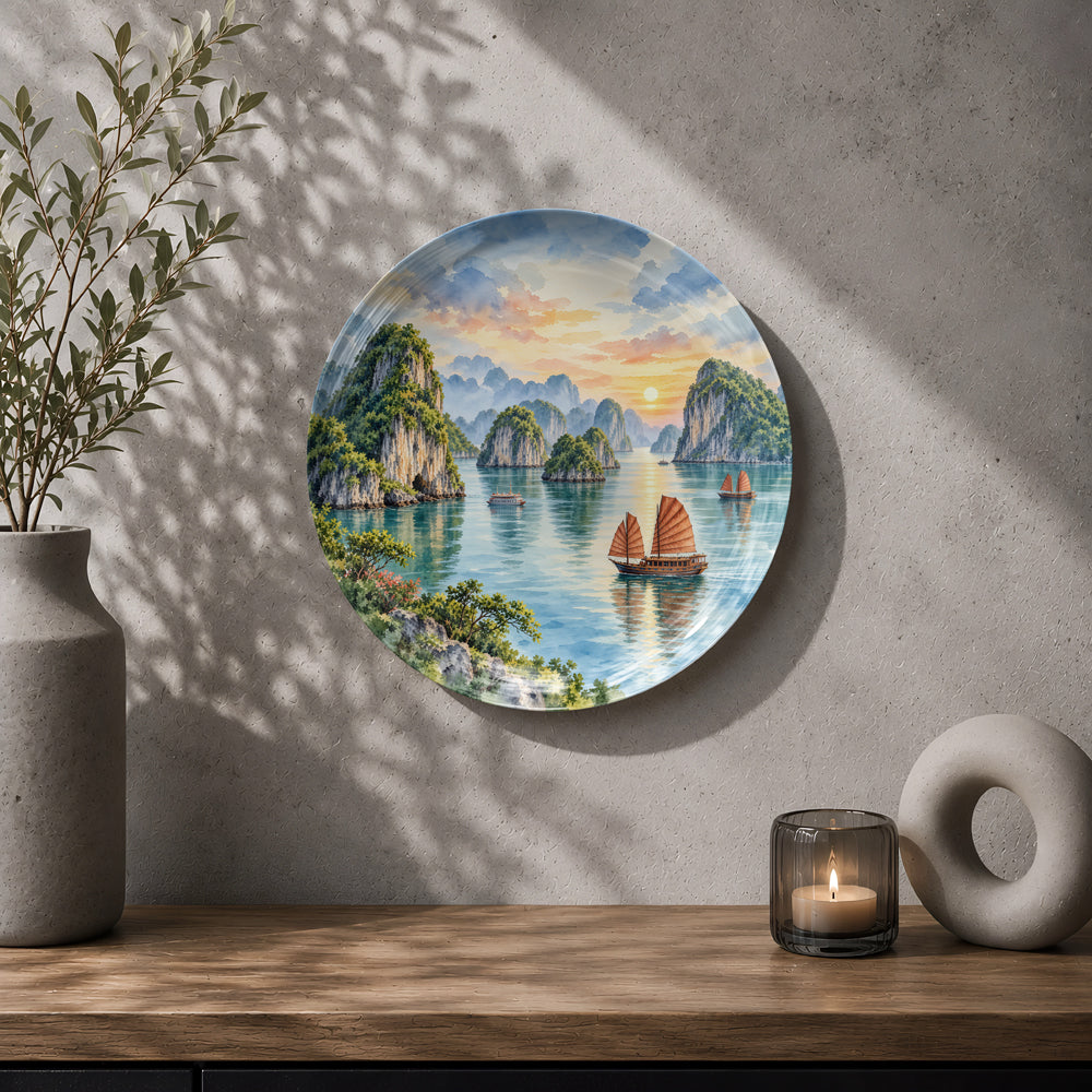 Halong Bay Vietnam ceramic wall plate featuring limestone formations and traditional sailing boats