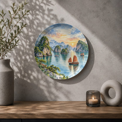 Halong Bay Vietnam ceramic wall plate featuring limestone formations and traditional sailing boats