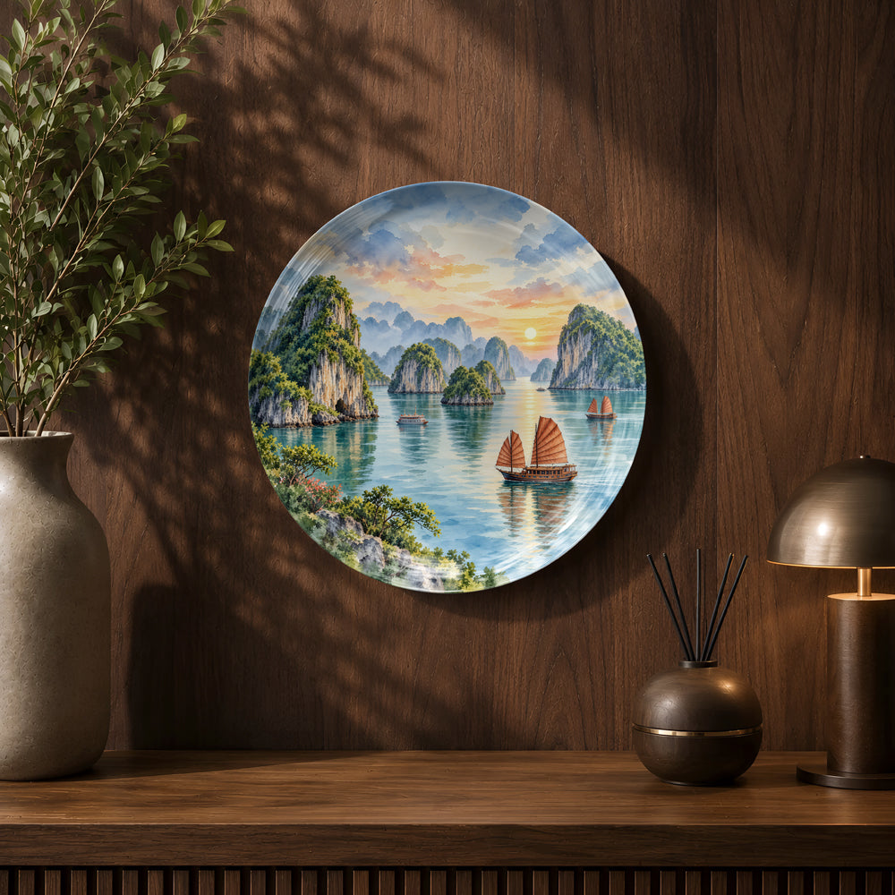 Vietnam ceramic wall plate souvenir with premium gift box and Halong Bay scenic artwork