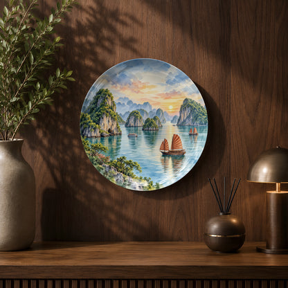 Vietnam ceramic wall plate souvenir with premium gift box and Halong Bay scenic artwork