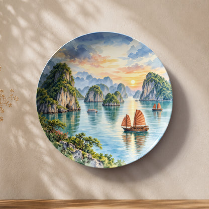 Halong Bay Horizon Vietnam ceramic wall plate featuring limestone islands and traditional boats