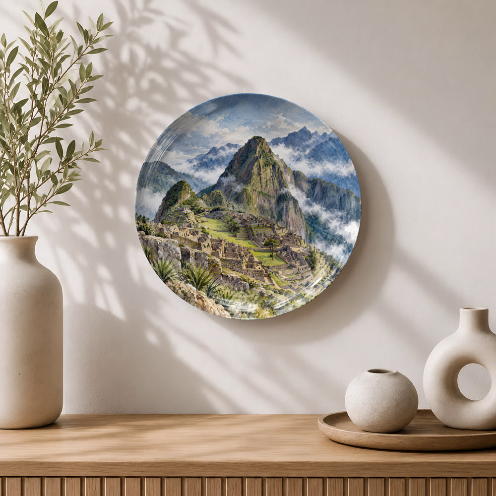 Machu Picchu ceramic wall plate souvenir with dramatic mountains, clouds and green terraces