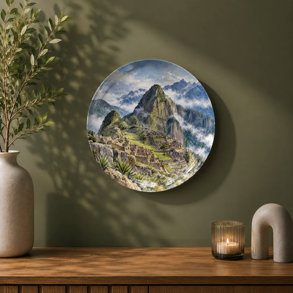 Peru travel ceramic wall plate featuring Machu Picchu surrounded by breathtaking mountain scenery