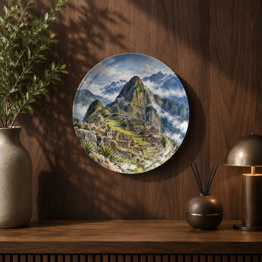 Mystic Heights ceramic wall plate inspired by Machu Picchu, ancient architecture and natural beauty