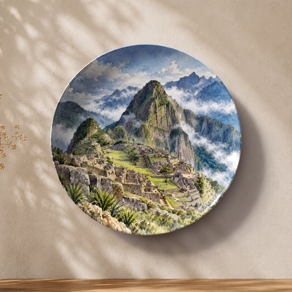 Mystic Heights Machu Picchu ceramic wall plate featuring ancient stone ruins and majestic mountains