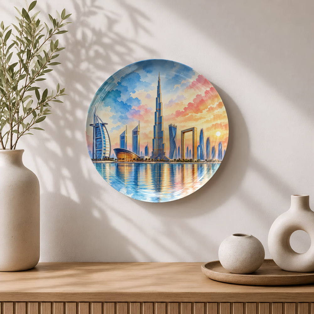 Dubai ceramic wall plate souvenir with Burj Khalifa, modern towers and colourful sunset