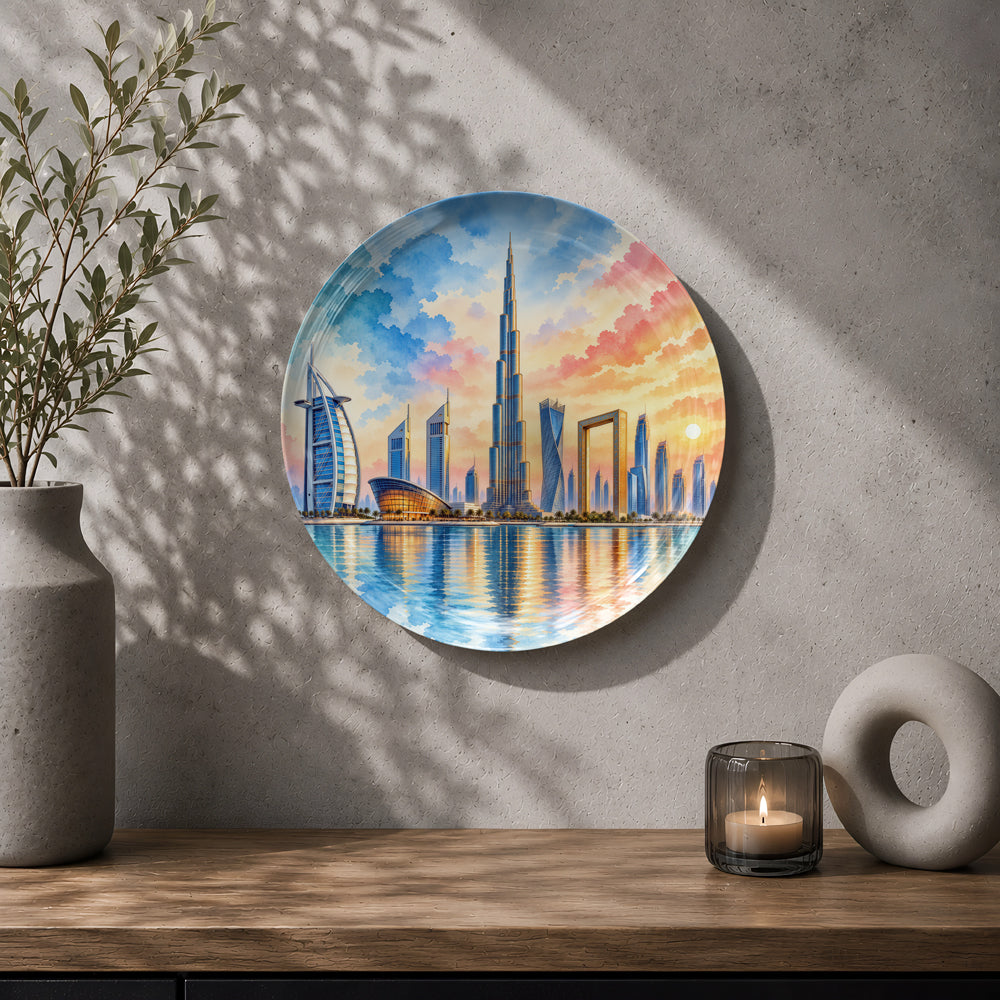 Dubai travel ceramic wall plate featuring Burj Khalifa, waterfront and iconic city landmarks