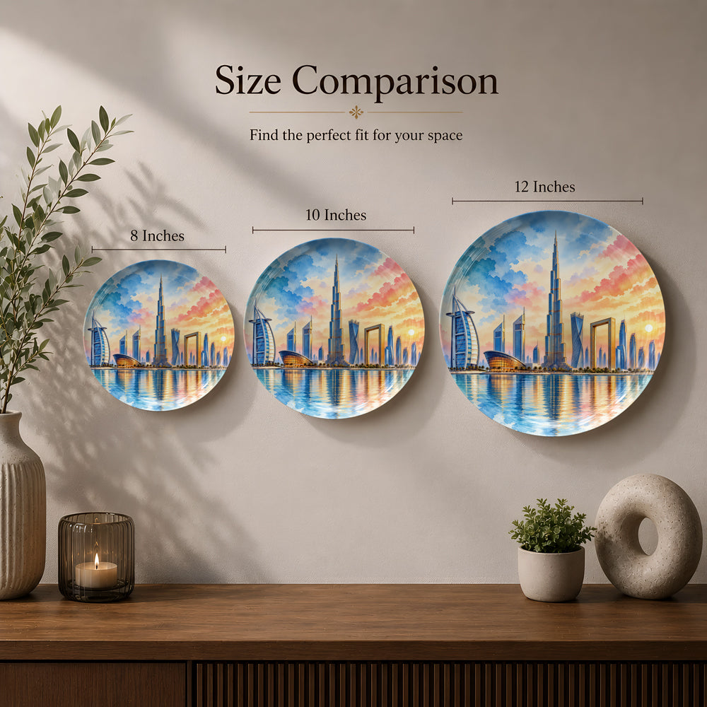 Premium Dubai ceramic wall plate celebrating Burj Khalifa, modern landmarks and waterfront reflections