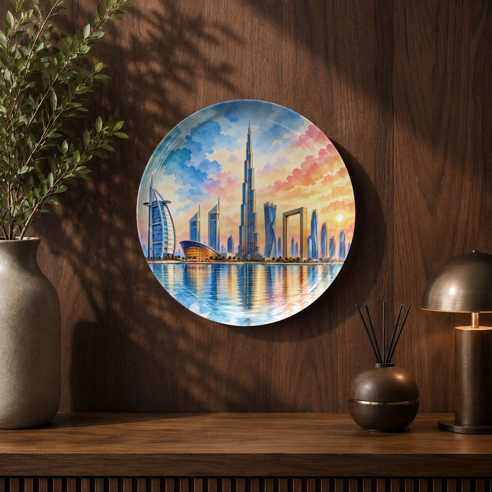 Dubai travel souvenir ceramic wall plate with premium gift box and colourful cityscape artwork