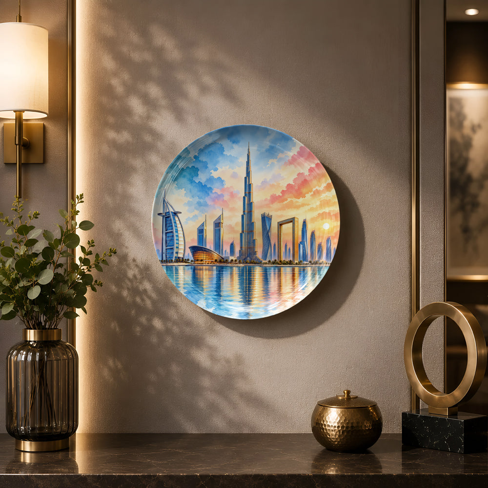 Dubai Dreams ceramic wall plate inspired by Burj Khalifa, futuristic architecture and cityscape