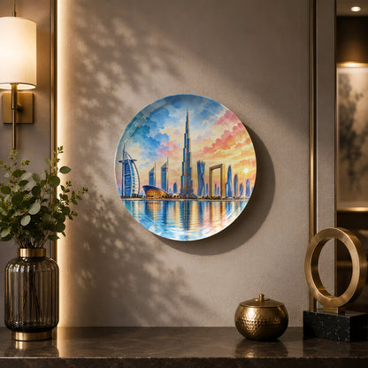 Dubai Dreams ceramic wall plate inspired by Burj Khalifa, futuristic architecture and cityscape