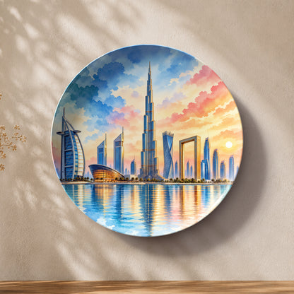 Dubai Dreams ceramic wall plate featuring Burj Khalifa and iconic Dubai architecture