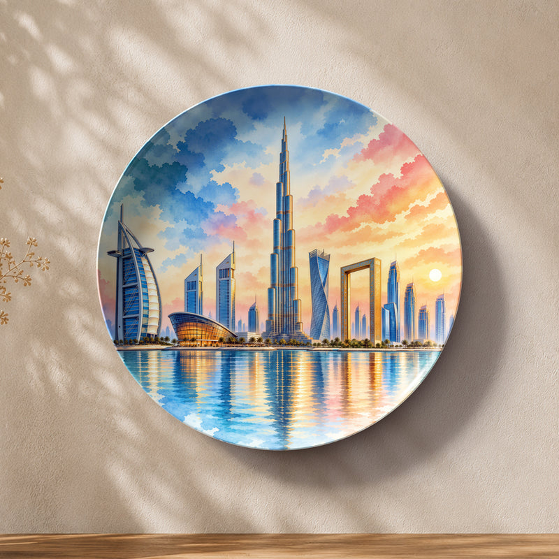 Dubai Dreams ceramic wall plate featuring Burj Khalifa and iconic Dubai architecture