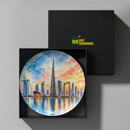 Dubai ceramic wall plate featuring Burj Khalifa, Burj Al Arab, modern towers and vibrant sunset reflections