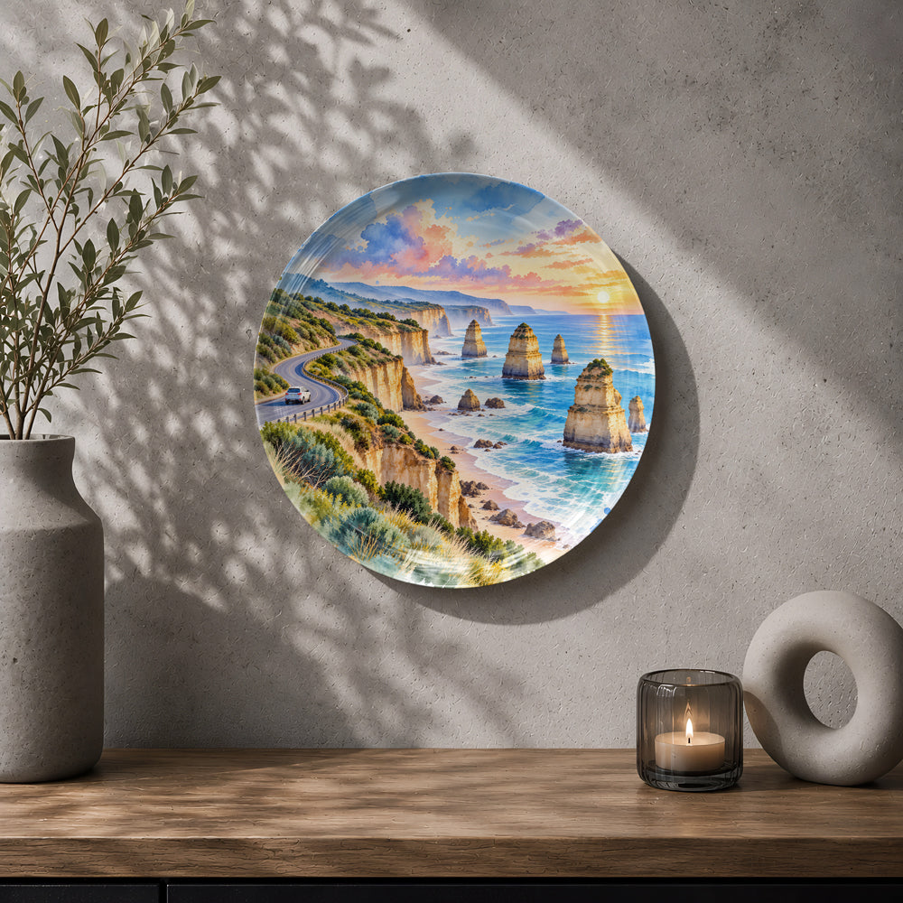 Great Ocean Road ceramic wall plate featuring coastal cliffs, turquoise waters and winding road