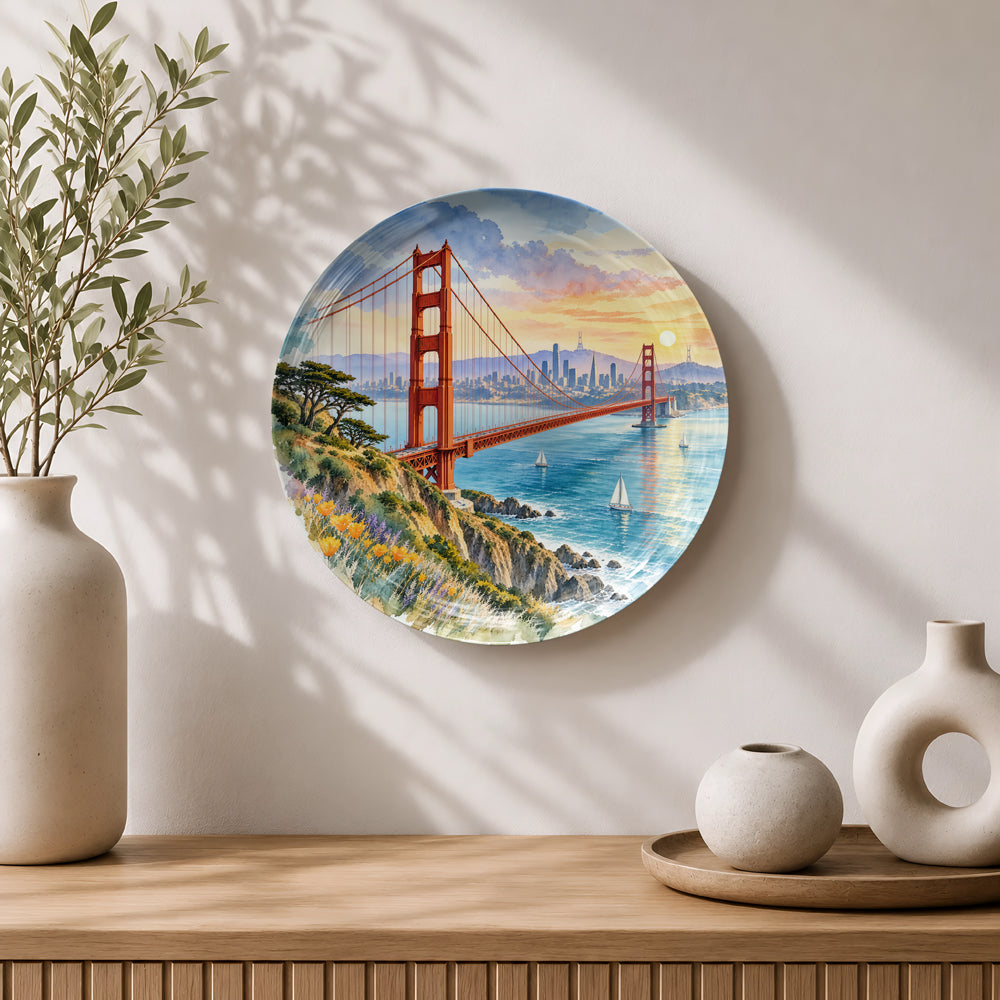 San Francisco Golden Gate Bridge ceramic wall plate souvenir with sunset sky and bay reflections