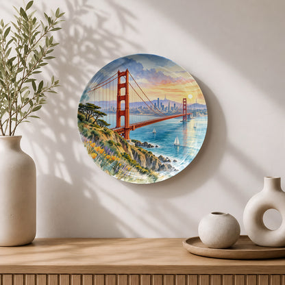San Francisco Golden Gate Bridge ceramic wall plate souvenir with sunset sky and bay reflections