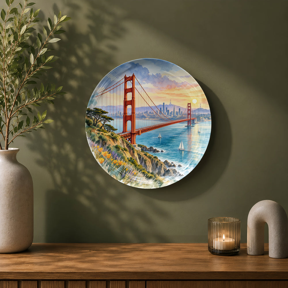 Golden Gate Bridge ceramic wall plate featuring San Francisco Bay, sailboats and coastal scenery