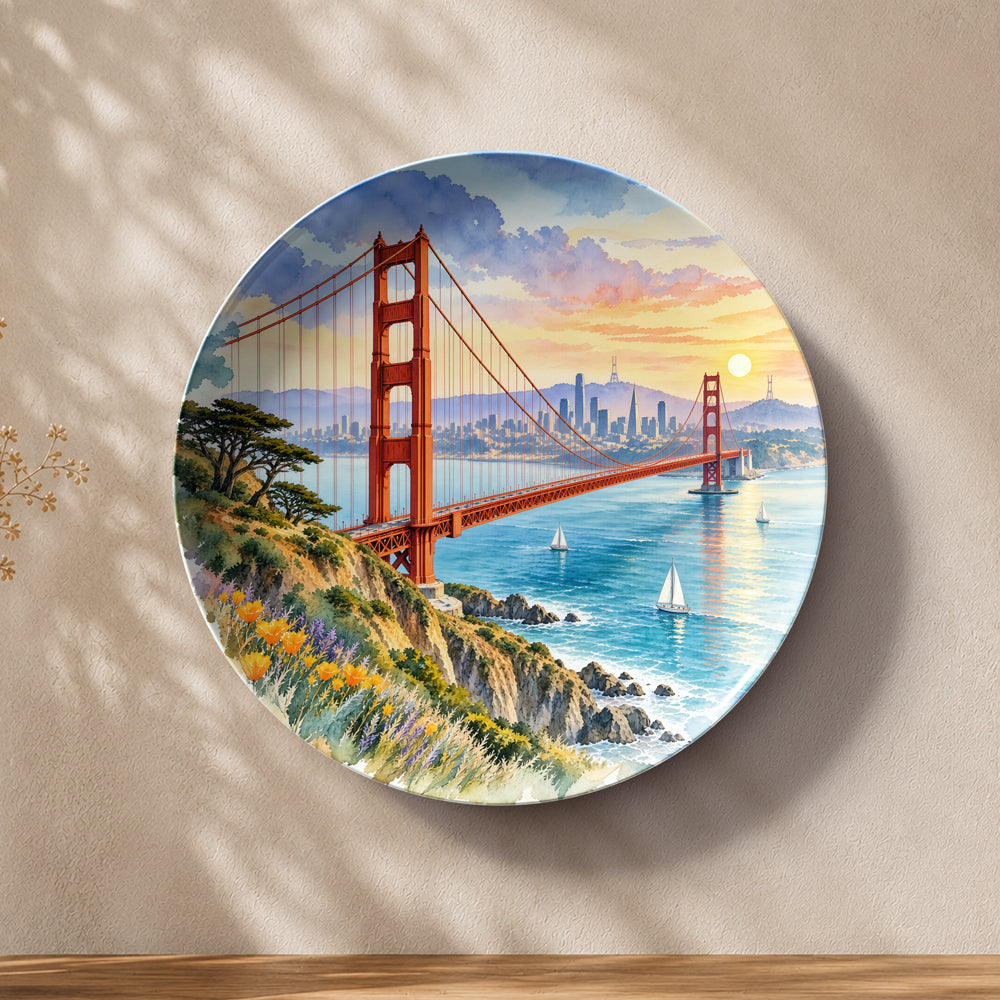 Golden Gate Sunset San Francisco ceramic wall plate featuring the iconic Golden Gate Bridge