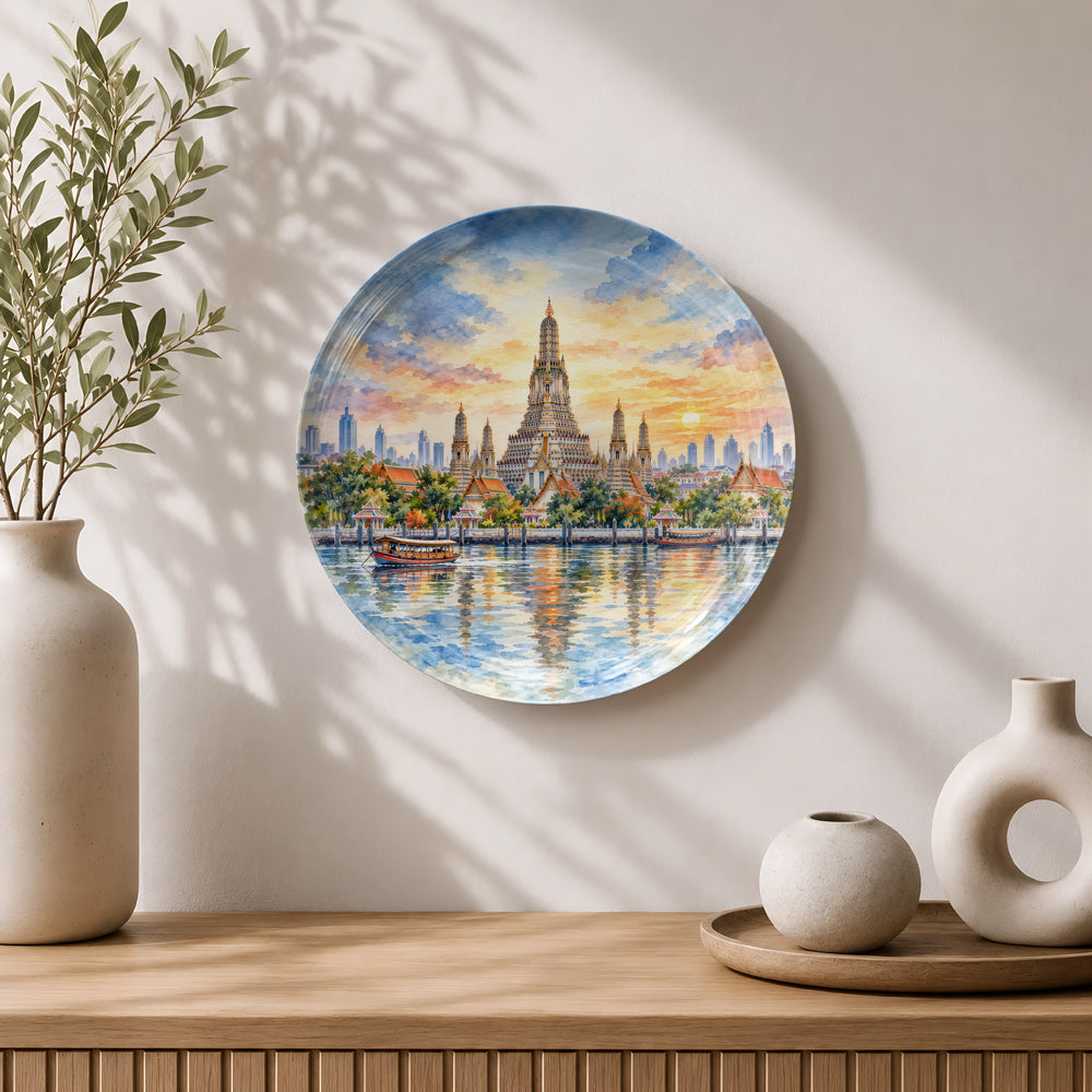 Bangkok Thailand ceramic wall plate souvenir with Wat Arun, traditional boats and golden sunset