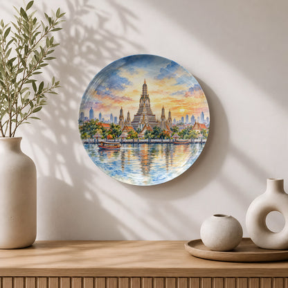 Bangkok Thailand ceramic wall plate souvenir with Wat Arun, traditional boats and golden sunset