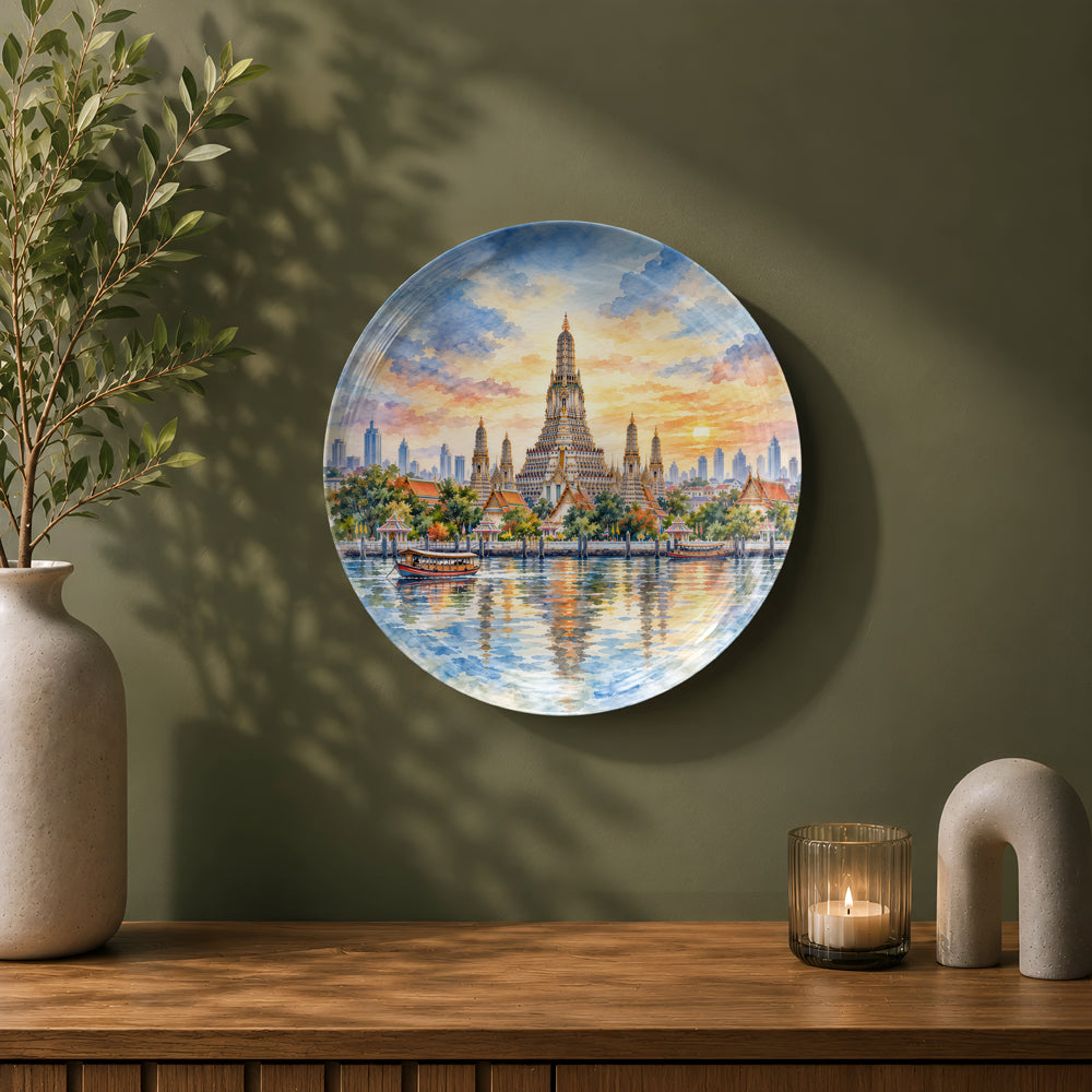Wat Arun ceramic wall plate featuring Bangkok riverside scenery, temple architecture and water reflections
