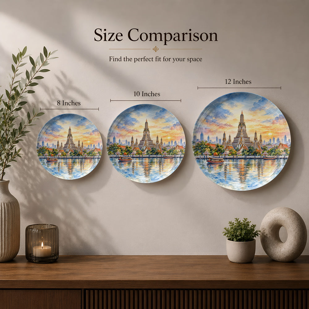 Premium Wat Arun ceramic wall plate celebrating Bangkok, Thai culture and golden-hour scenery