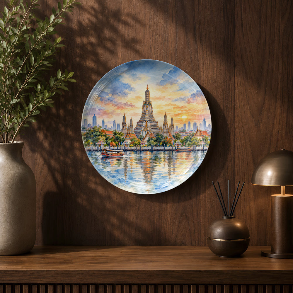 Thailand ceramic wall plate souvenir with premium gift box and Bangkok temple artwork