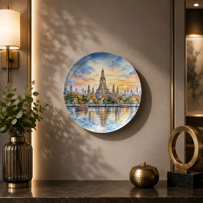 Golden Hour in Bangkok ceramic wall plate inspired by Wat Arun and Thailand's riverside beauty