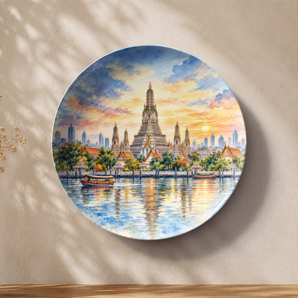 Golden Hour in Bangkok Wat Arun ceramic wall plate featuring the iconic Thai temple and riverside