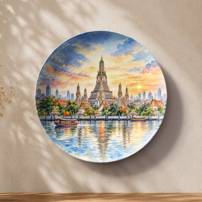 Golden Hour in Bangkok Wat Arun ceramic wall plate featuring the iconic Thai temple and riverside